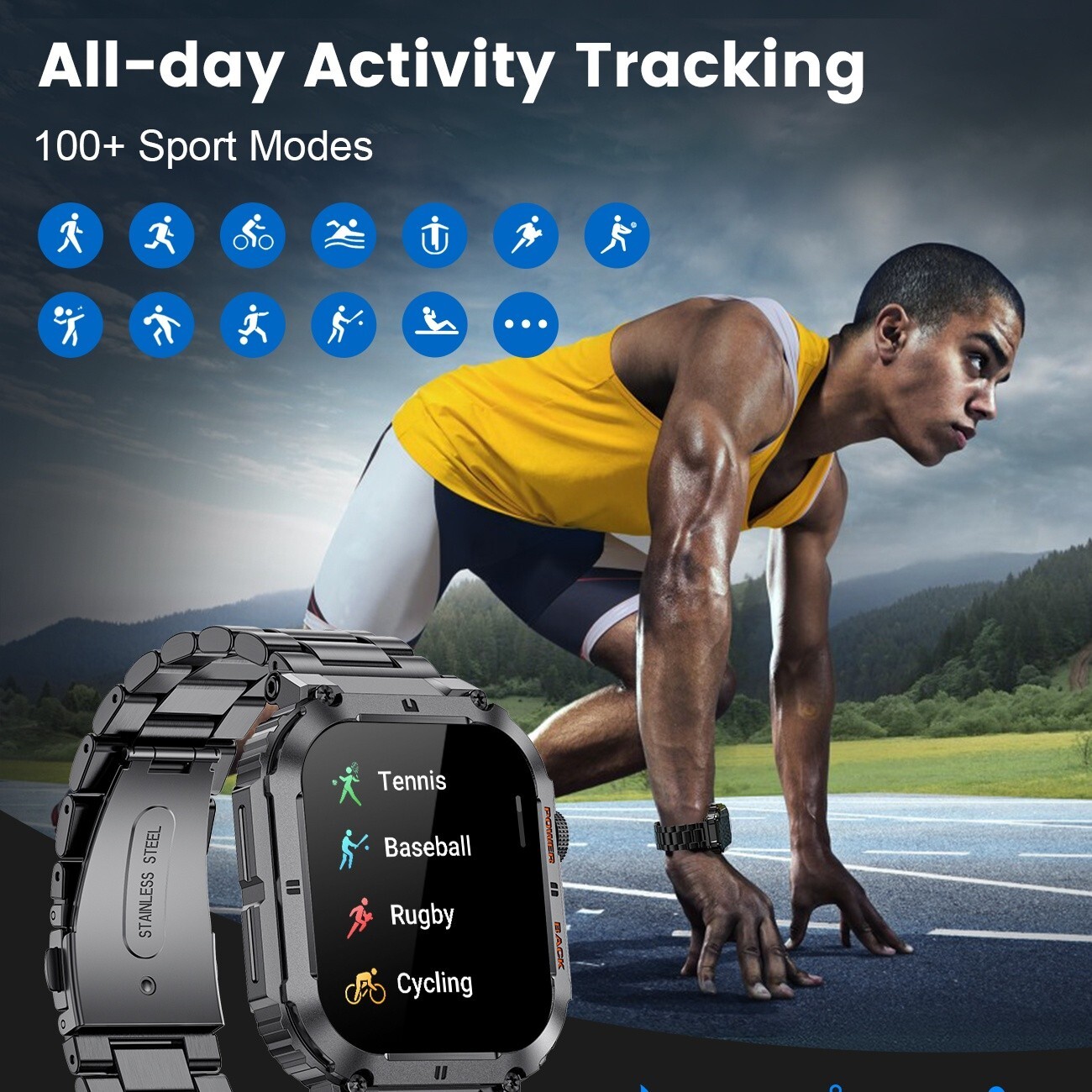 Smart Watch Men Military Rugged Fitness Tracker Heart Rate SOS 5ATM Waterproof
