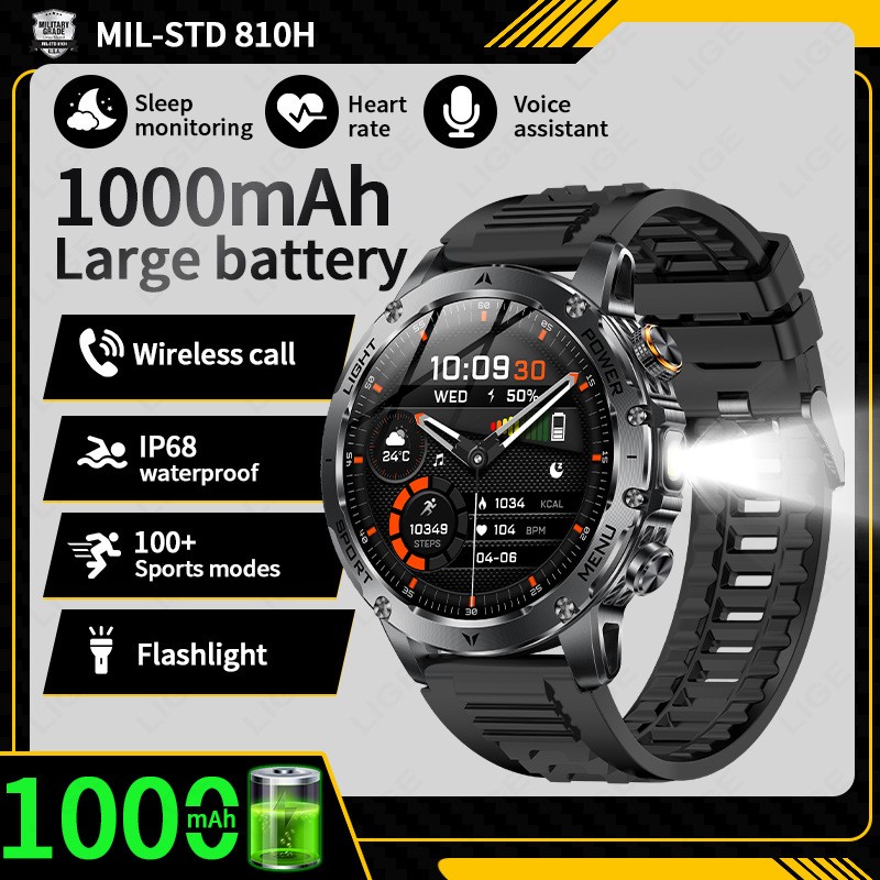 Tactical Smart Watch Men 1000mAh Battery LED Torch Blood Pressure Waterproof