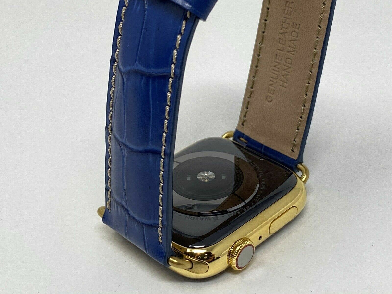 24K Gold Plated 44MM Apple Watch SERIES 5 Stainless Steel Blue Band GPS LTE