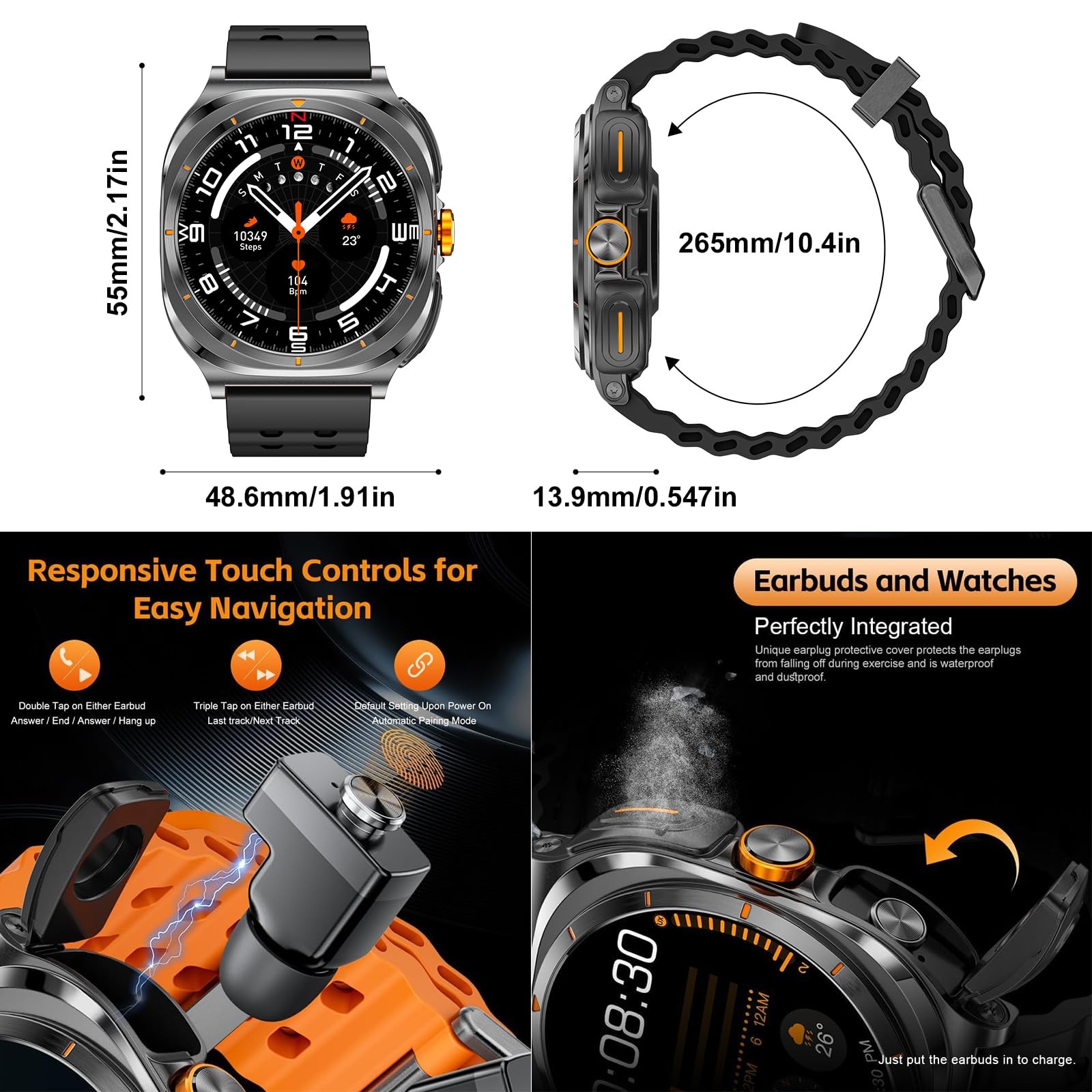 with Earbuds(Orange & Black 2 Straps), Listen to Music, Answer/Make Calls, Sp…