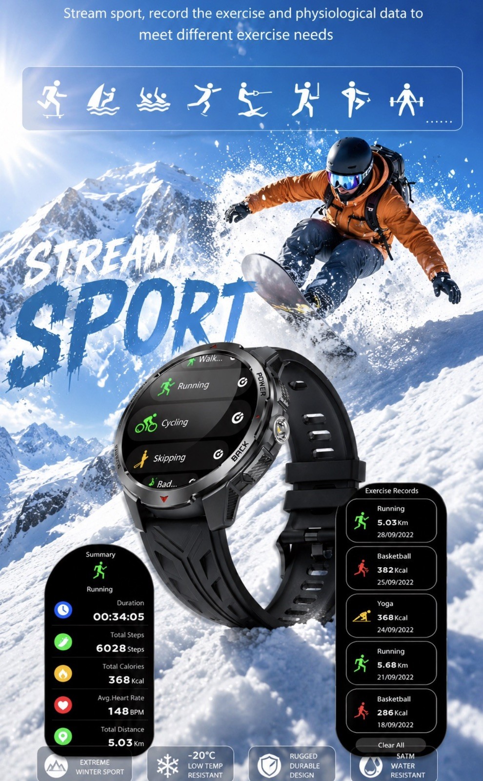 Smartwatch Flashlight 3ATM Waterproof Fitness & Health Tracker, Multi Funct
