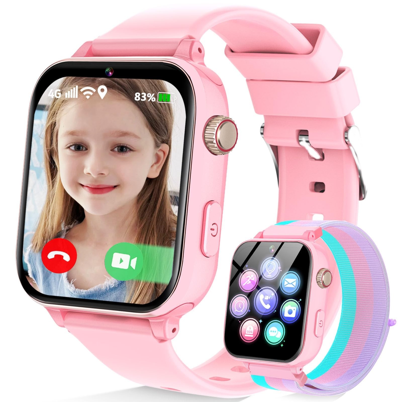 4G Kids Smart Watch Phone GPS, Video Call, SOS, Games, Touch Screen – Pink