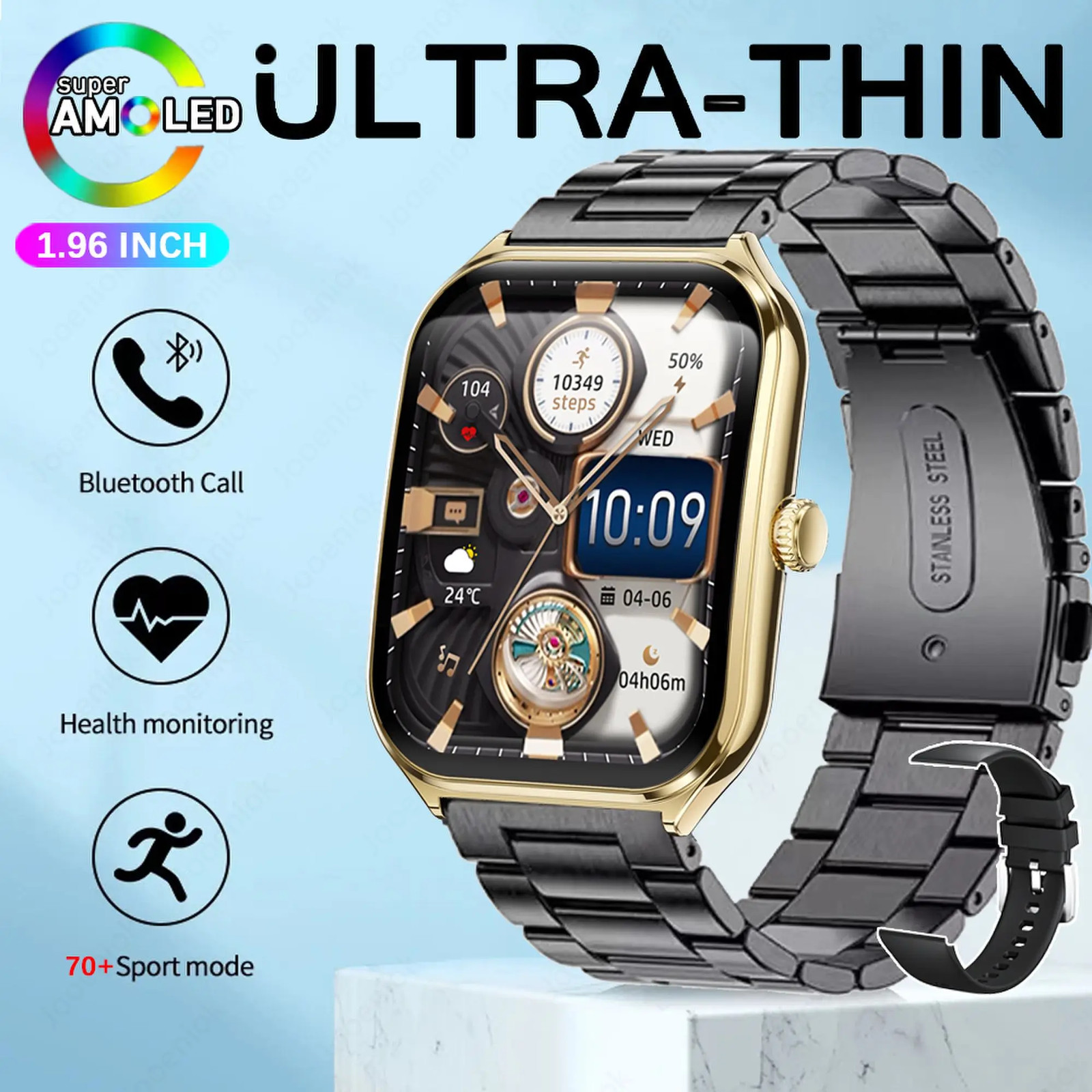 2025 New 7.5MM Ultra Thin Smart Watch Men 1.96″AMOLED Screen Always Show Time