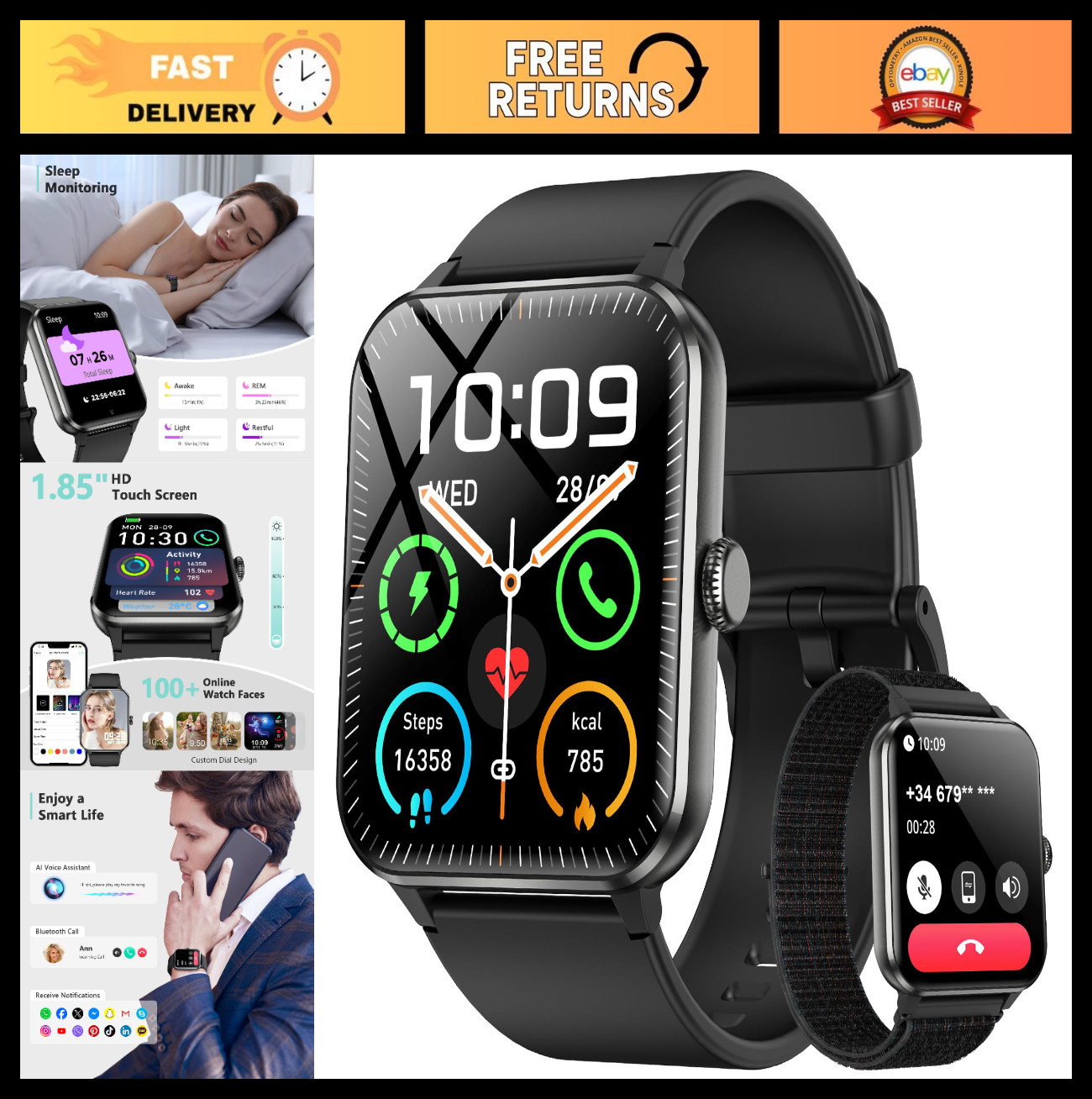 Smart Watch with Call Function, Fitness Tracker for Men/Women, Heart Rate, SpO2,
