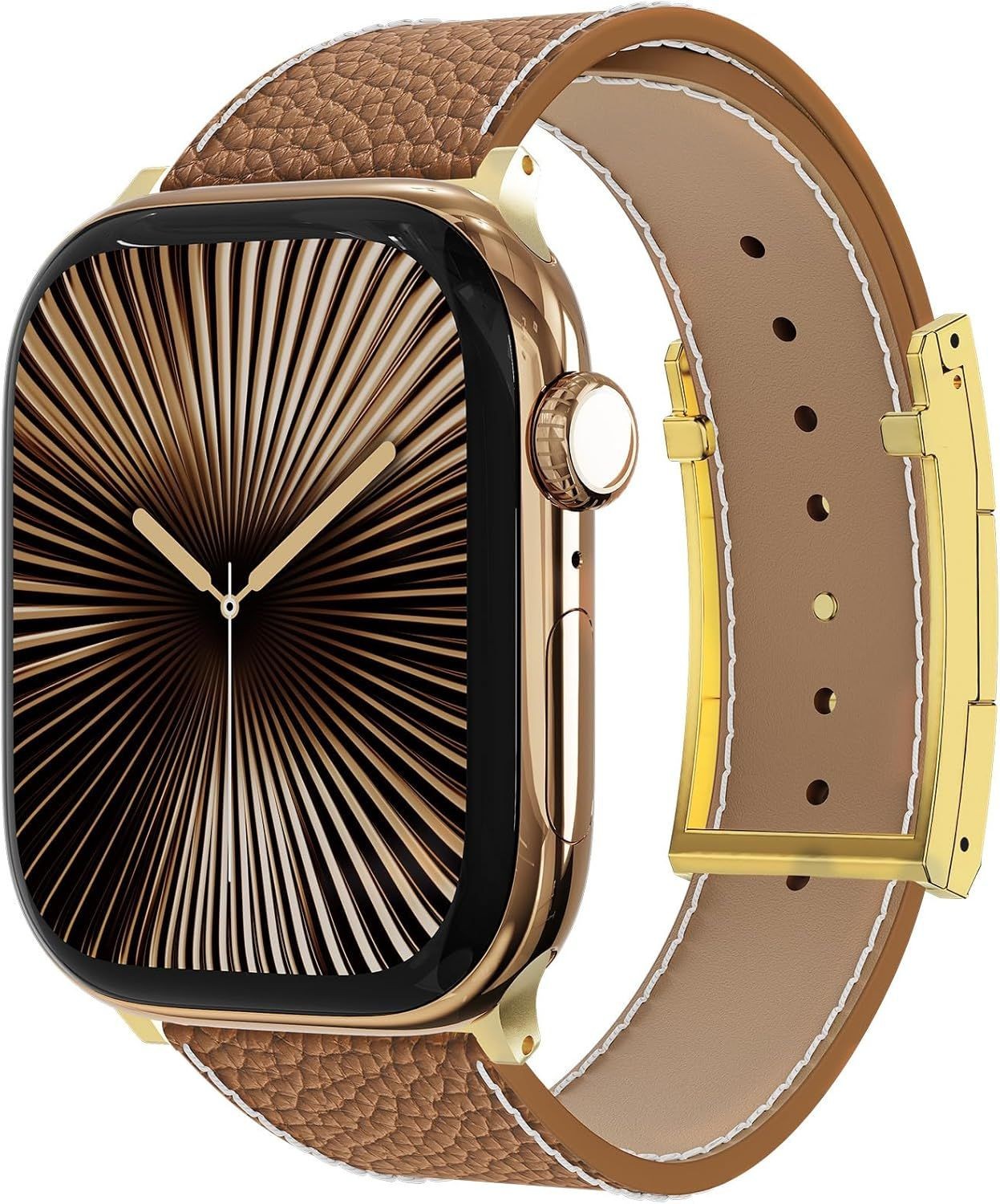 Brown Leather Magnetic Watch Band with Gold Buckle for Apple Watch Ultra 49mm